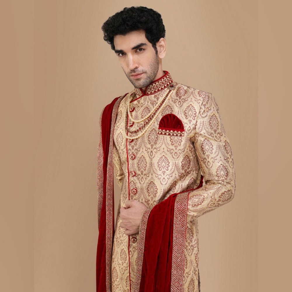 Elegant Cream and Red Sherwani
